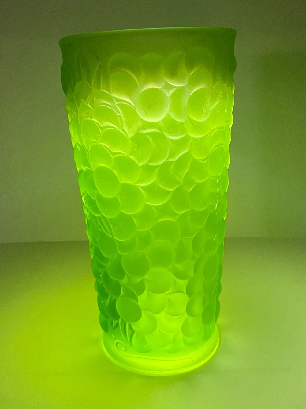 Vintage Green Satin Frosted Glass Vase Grape Harvest Pattern